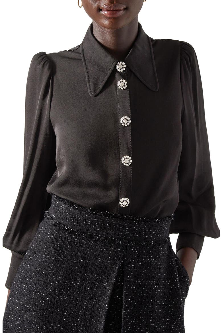 Sonya Embellished Button-Up Blouse, Main, color, BLACK