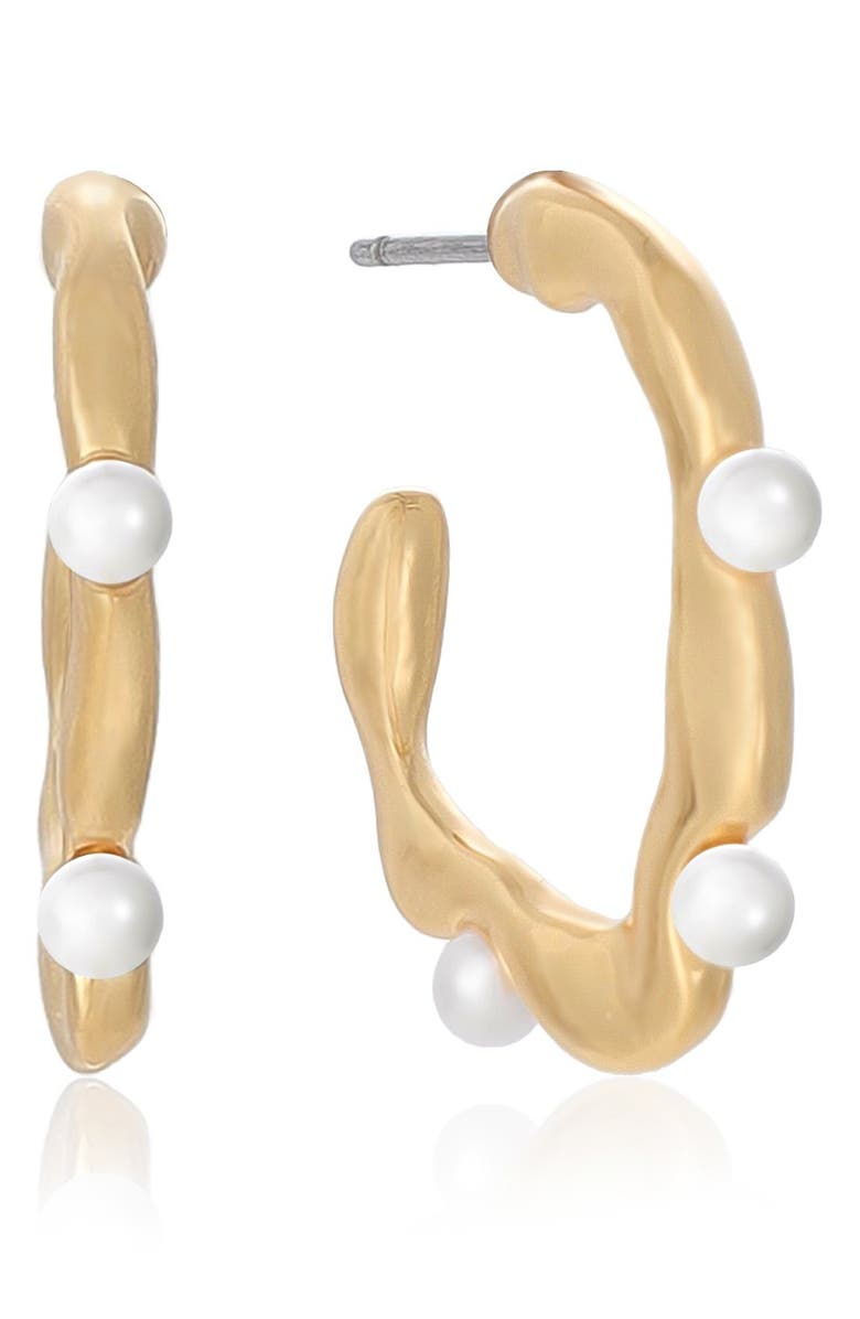 Ettika Wavy Faux Pearl Hoop Earrings, Alternate, color, Gold
