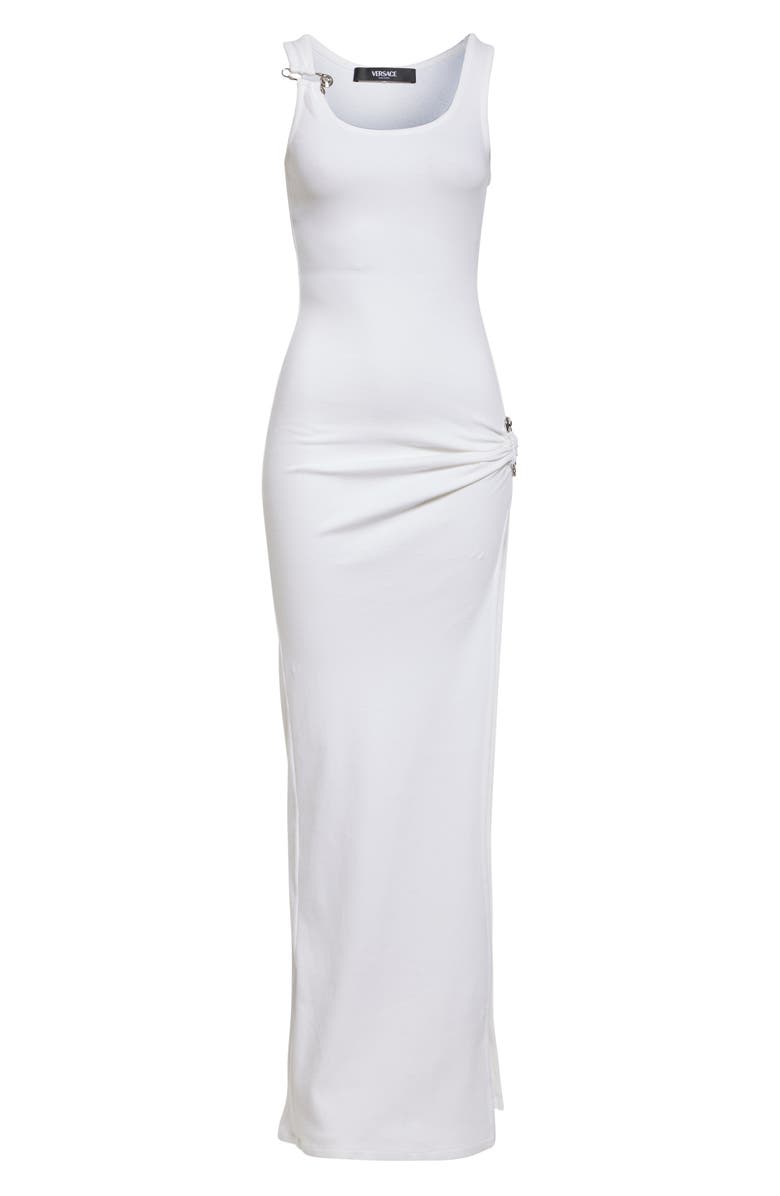 Versace Safety Pin Stretch Cotton Rib Gown, Alternate, color, Optical White