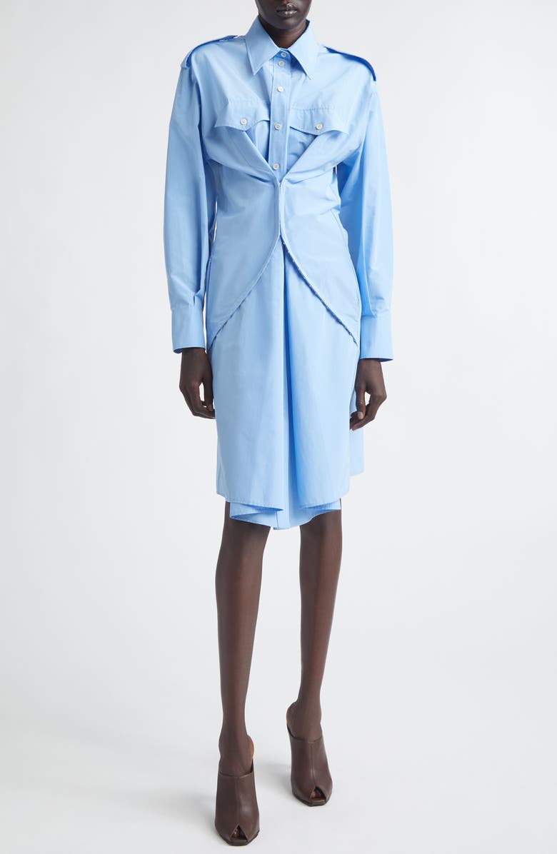 McQueen Long Sleeve Gathered Cotton Blend Shirtdress, Main, color, Sky Blue