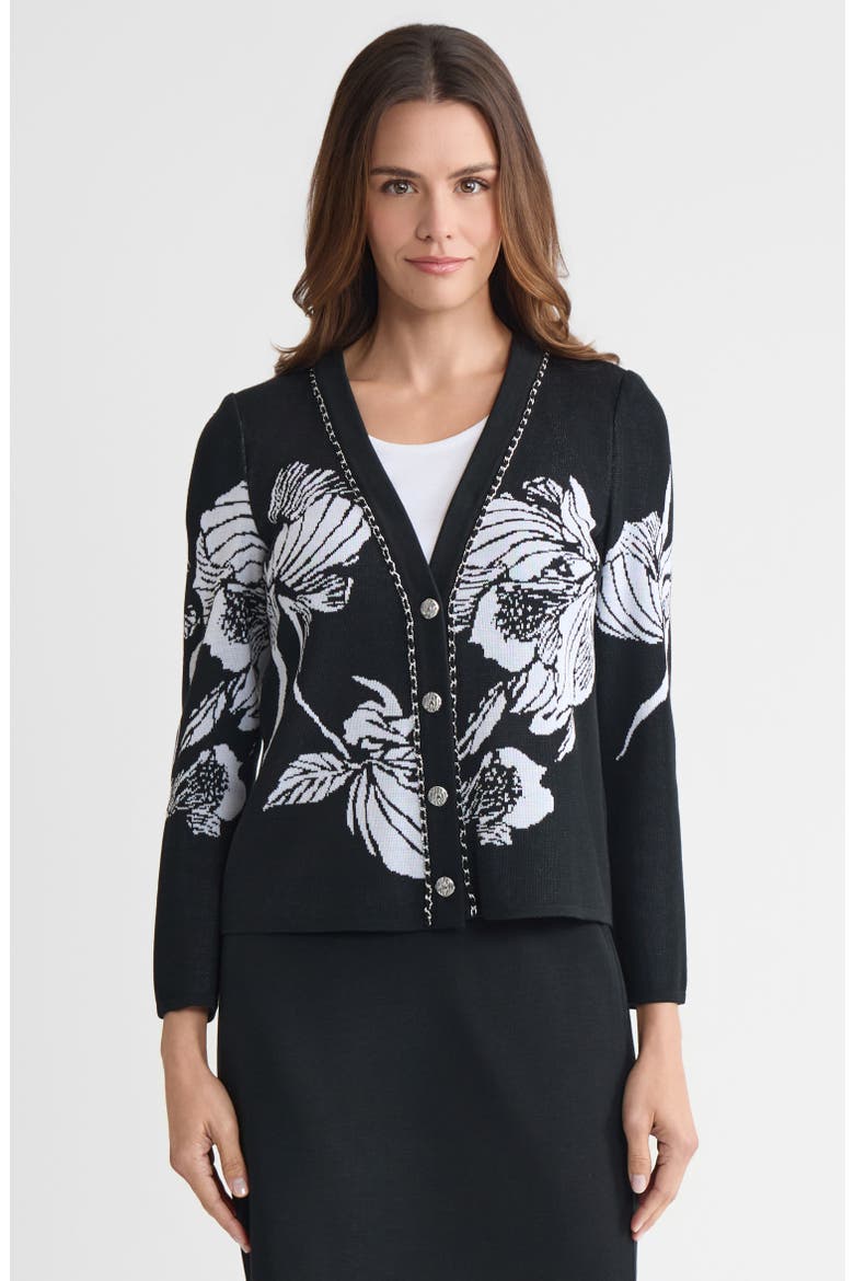 Heritage Chain Trim Floral Jacquard Knit Cardigan, Main, color, Black/White