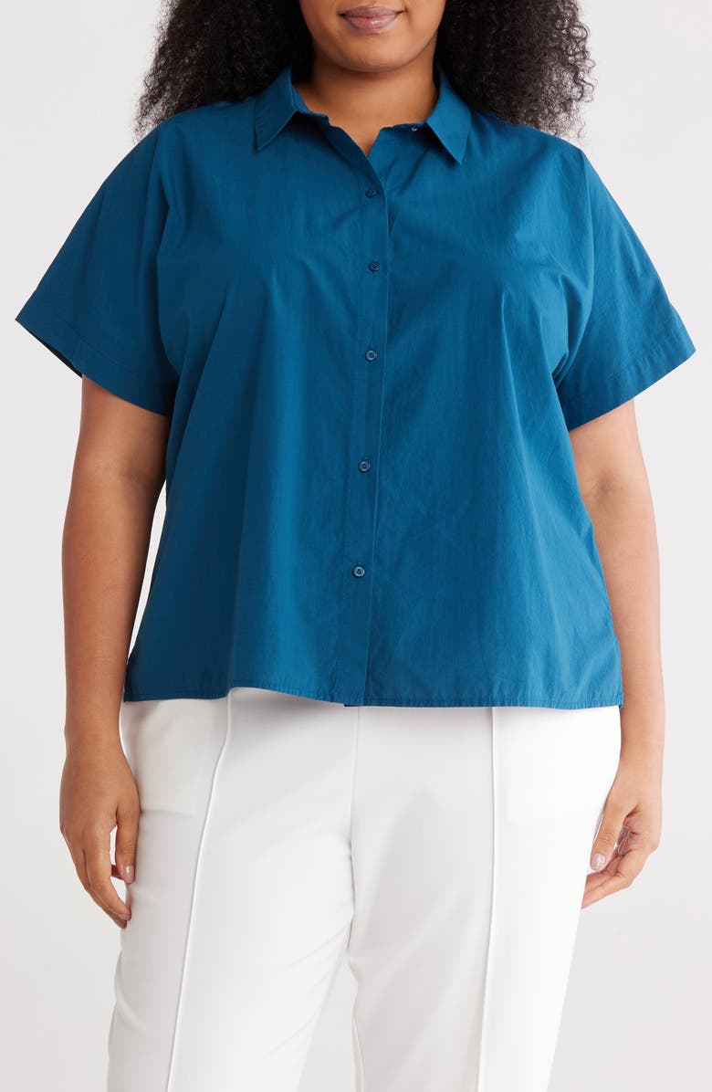 Eileen Fisher Short Sleeve Organic Cotton Button-Up Shirt, Main, color, 