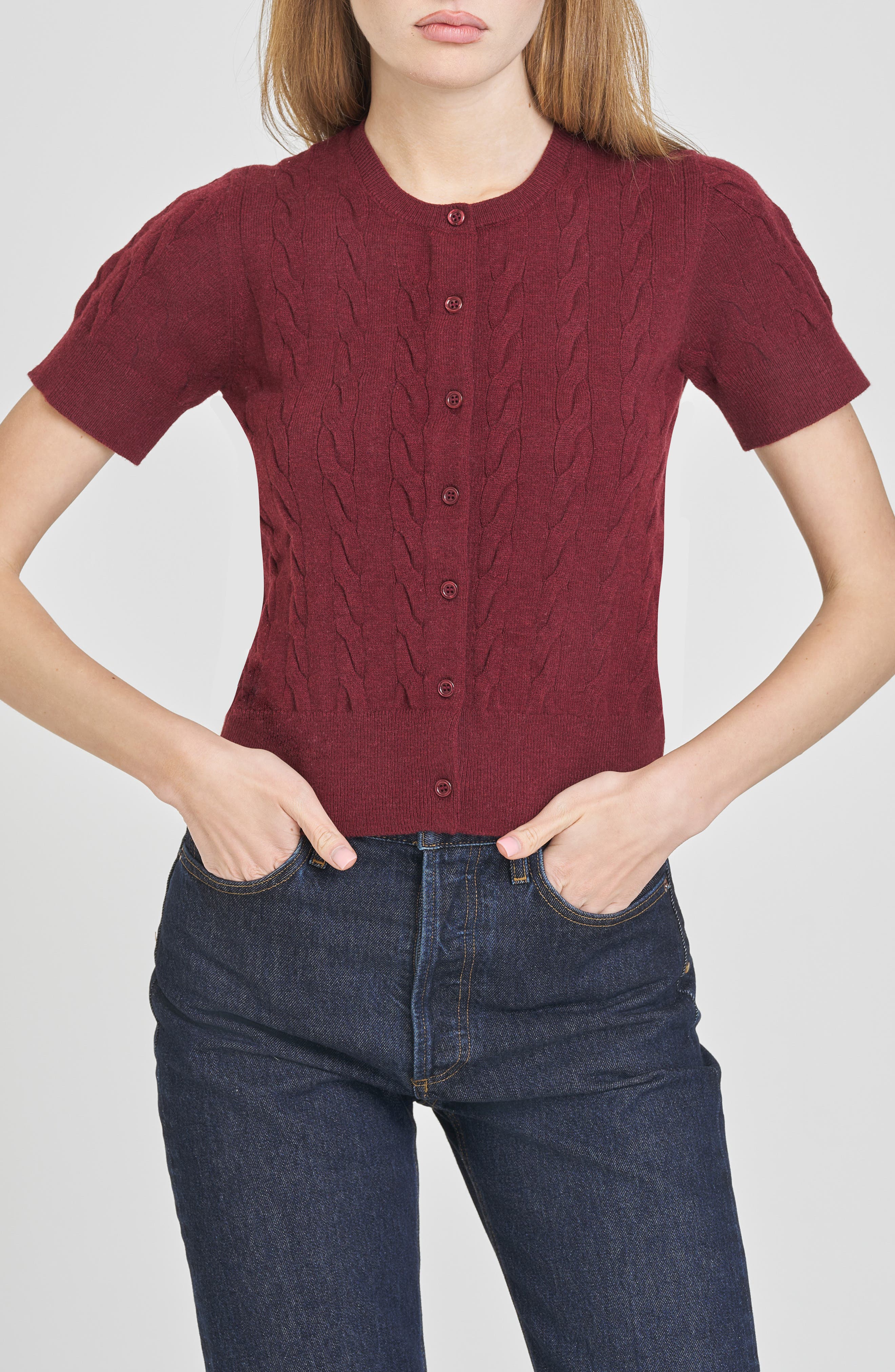 Wayf Mallie Short Sleeve Cable Cardigan In Burgundy