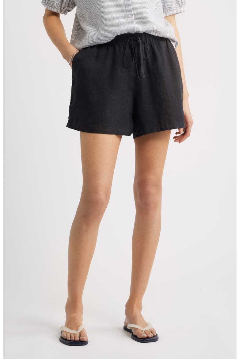Linen Drawstring Shorts, Main, color, BLACK