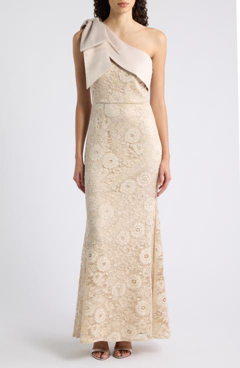 One Shoulder Bow Metallic Lace Gown