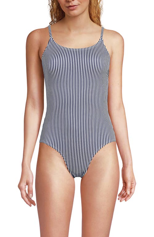 Lands' End Chlorine Resistant Scoop Neck High Leg Tugless Tank Thin Strap One Piece Swimsuit Adjusta In Deep Sea Navy Mini Stripe