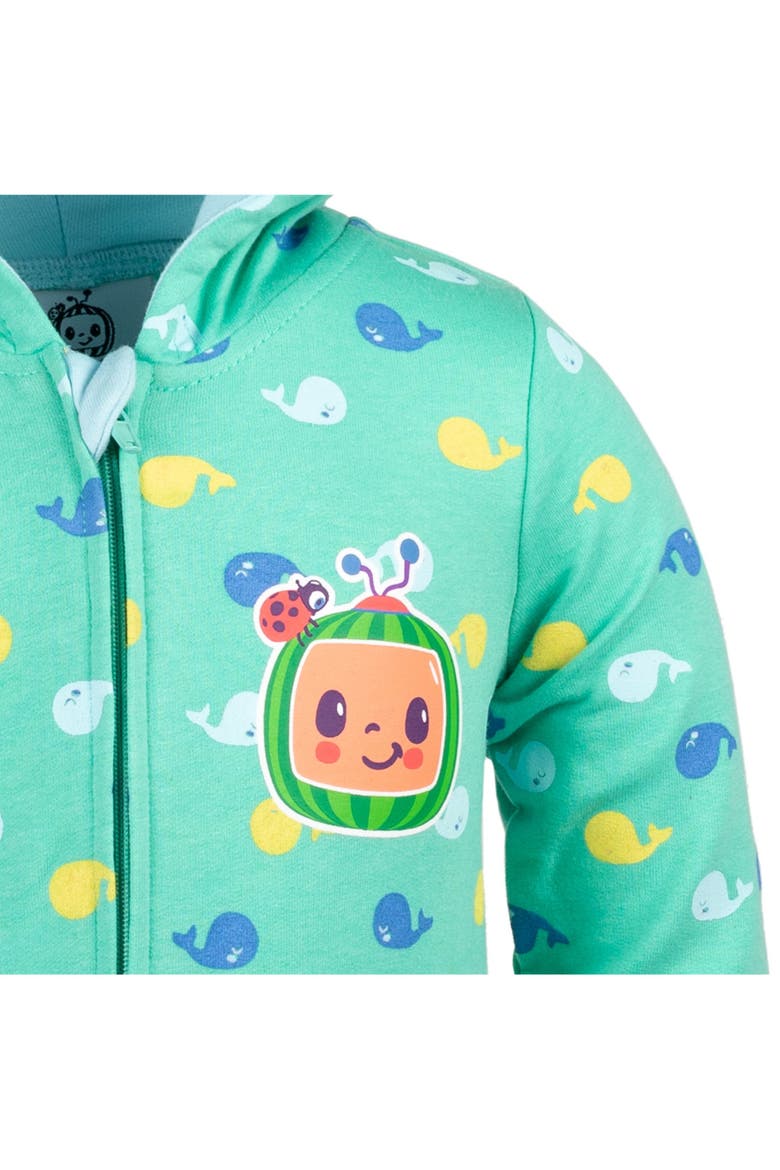 Fleece Hooded One-Piece Outfit, Alternate, color, Teal Whale Print