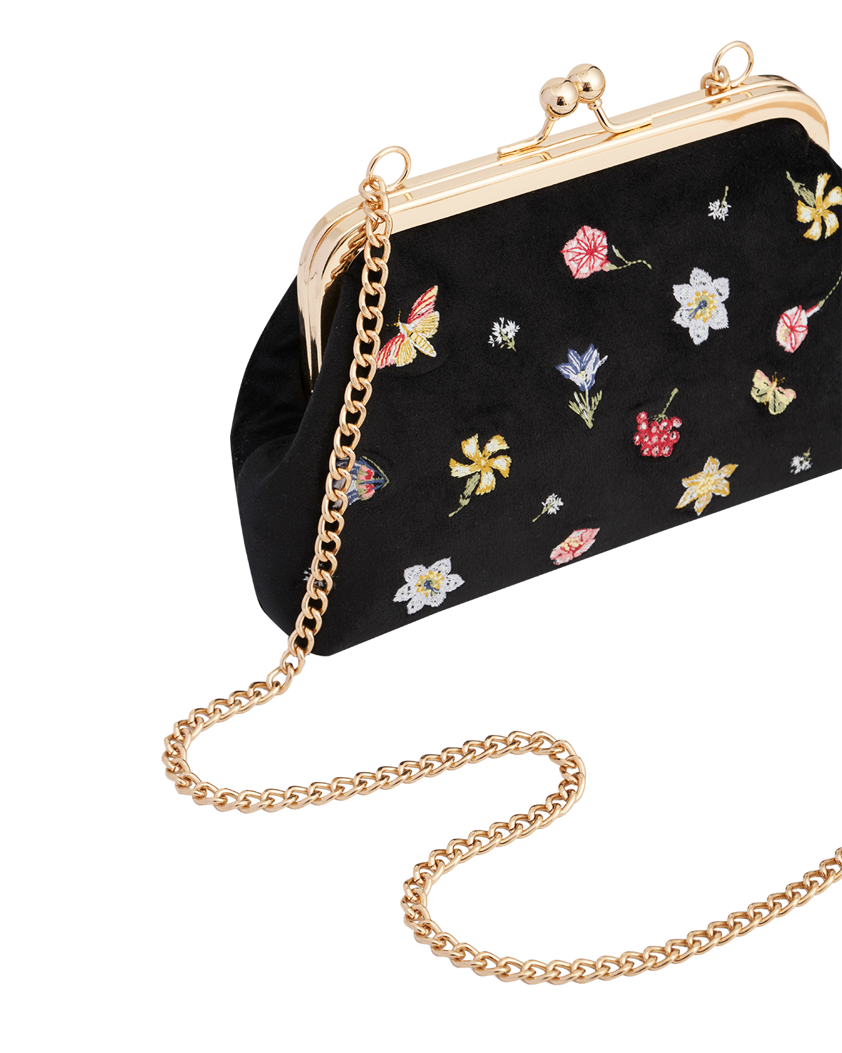 Fable England Floral Ditsy Embroidered Black Velvet Clutch Bag, Alternate, color, Black