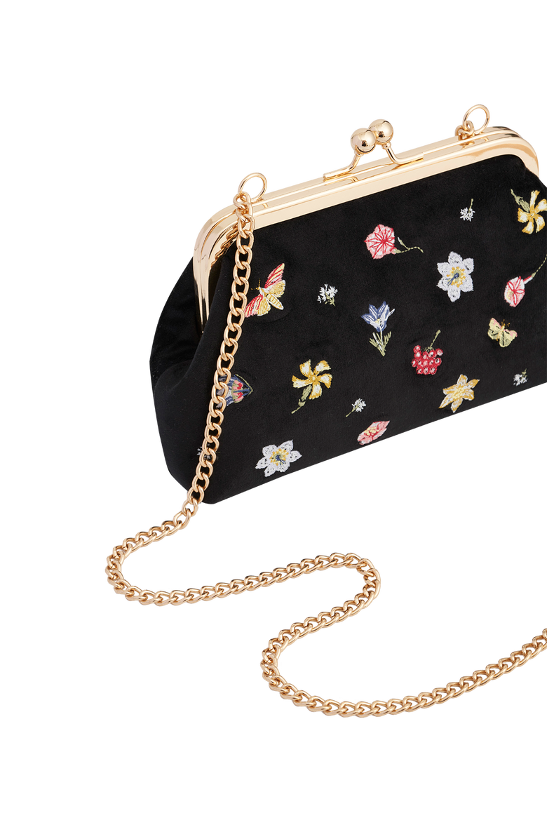 Fable England Floral Ditsy Embroidered Black Velvet Clutch Bag, Alternate, color, Black