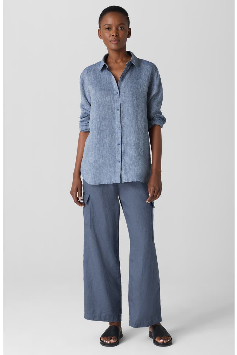 Classic Longline Organic Linen Chambray Button-Up Shirt, Alternate, color, CHAMBRAY