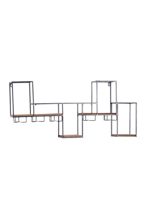 Black Metal 7-Bottle Geometric Wall Wine Rack with 5 Glass Holder Slots