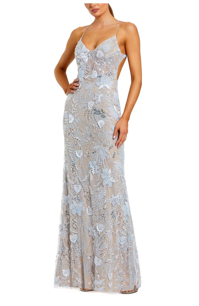 Mac Duggal Floral Embroidered Sleeveless Open Back Gown, Main, color, Powder Blue