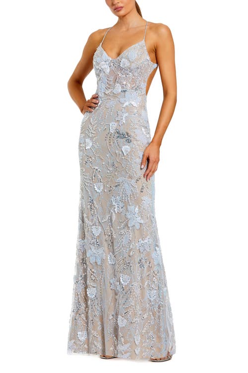 Mac Duggal Floral Embroidered Sleeveless Open Back Gown In Powder Blue