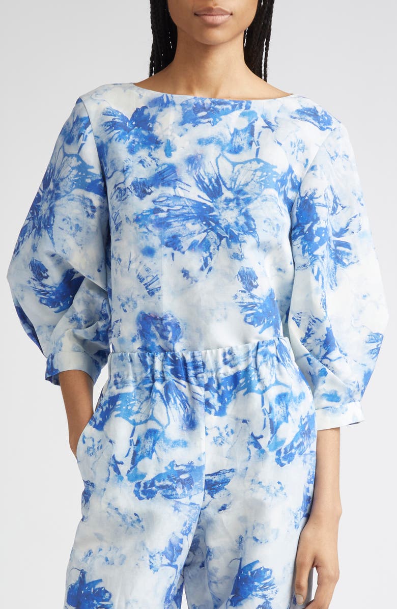 Lafayette 148 New York Floral Balloon Sleeve Silk & Linen Blouse, Alternate, color, Blue Oasis Multi