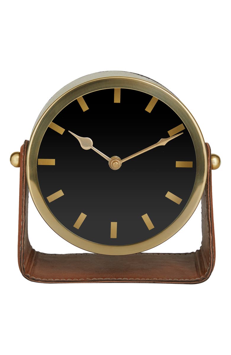 VIVIAN LUNE HOME Gold Stainless Steel Clock with Faux Leather Stand, Main, color,