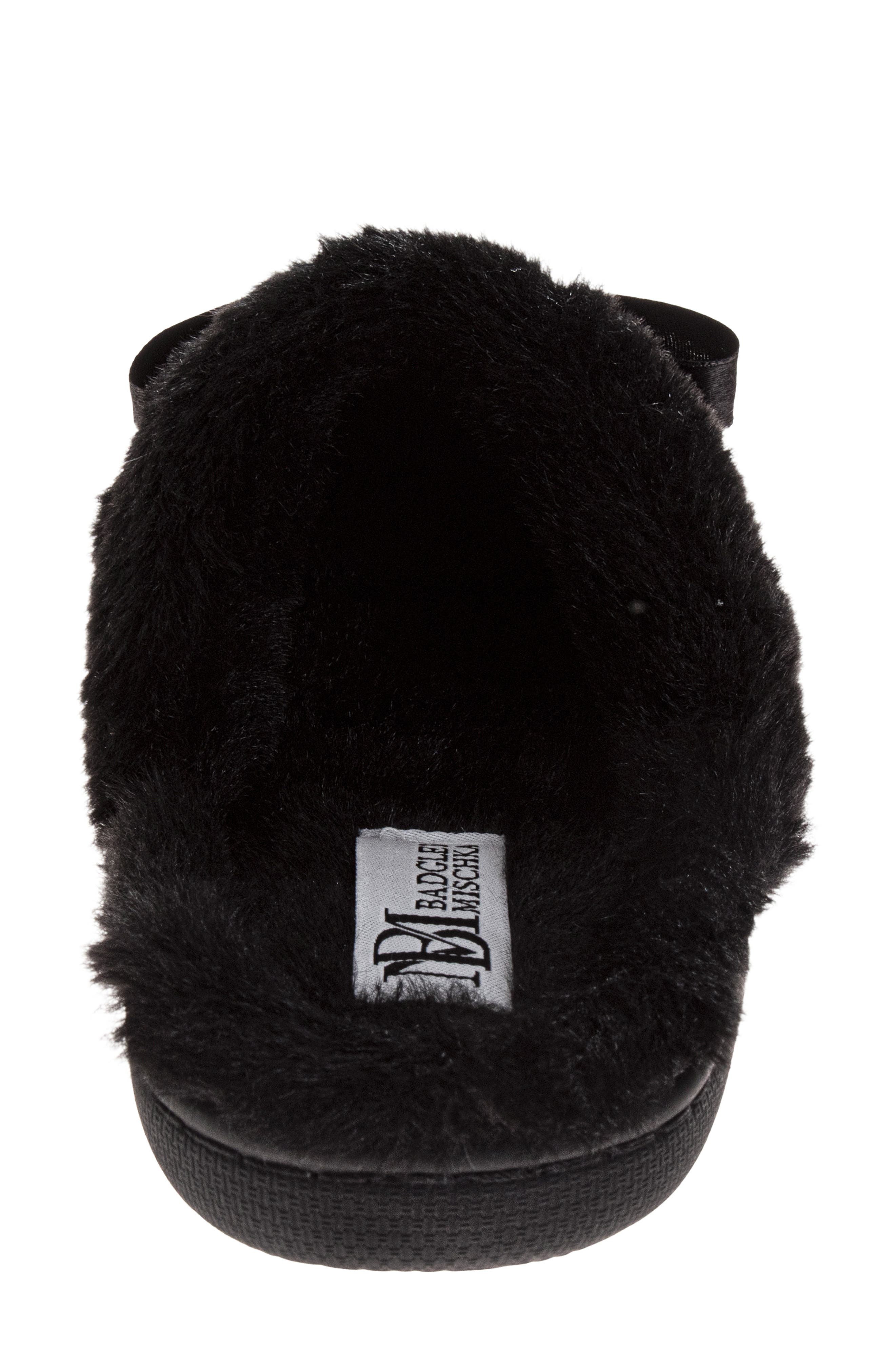 BADGLEY MISCHKA Faux Fur Rhinestone Scuff Slipper, Alternate, color, Black