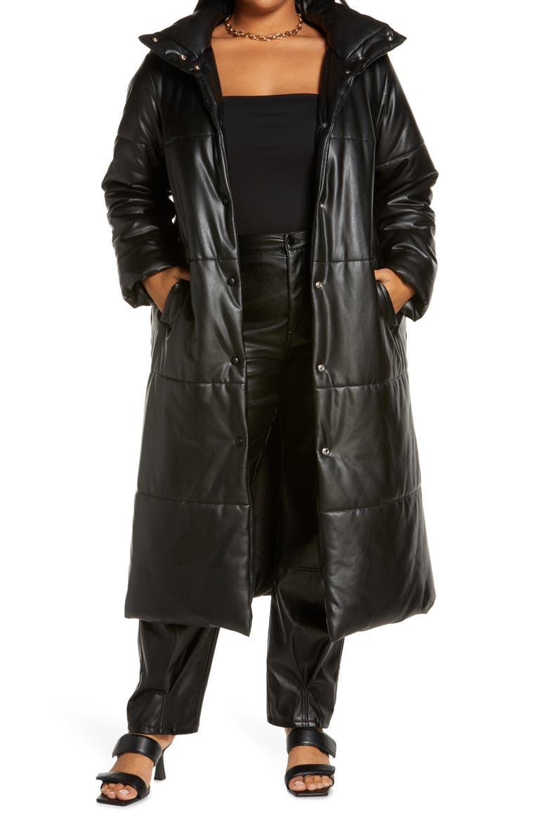Faux Leather Maxi Puffer Coat, Main, color, BLACK