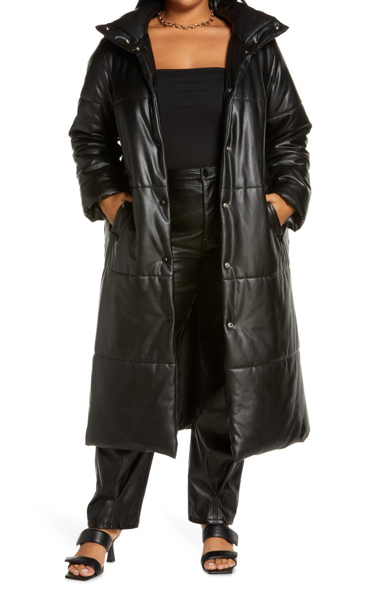 Open Edit Faux Leather Maxi Puffer Coat, Main, color,