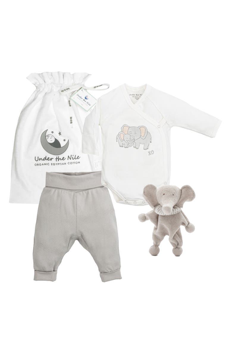 Under the Nile Elephant Print Bodysuit, Pants & Plush Toy Set, Main, color, 