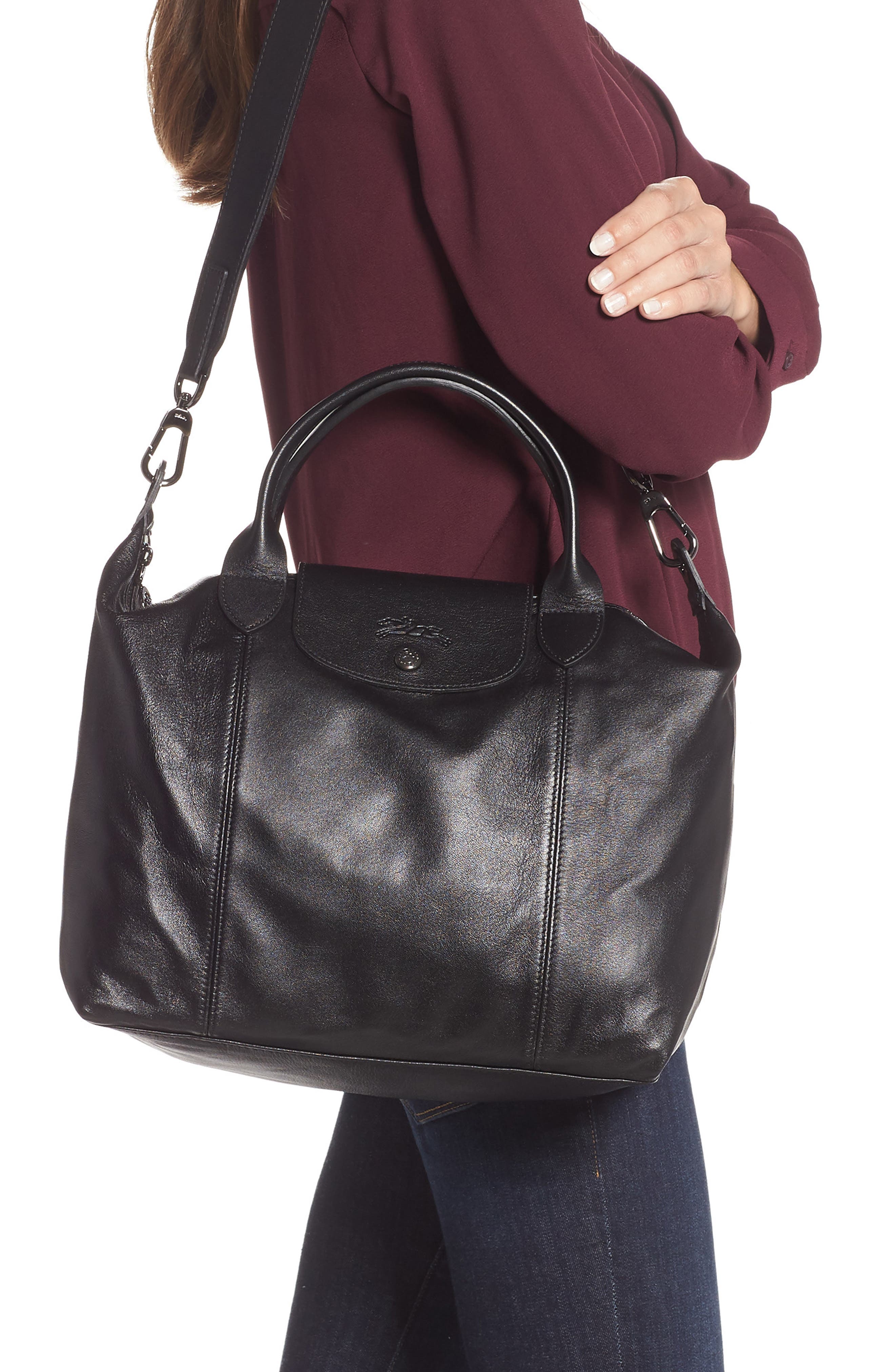 Longchamp Medium Le Pliage Cuir Leather Top Handle Tote, Alternate, color, 