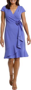 London Times Rosette Faux Wrap Flounce Dress