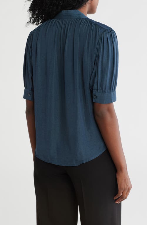 T Tahari Short Sleeve Airflow Blouse In Solid Slate Blue
