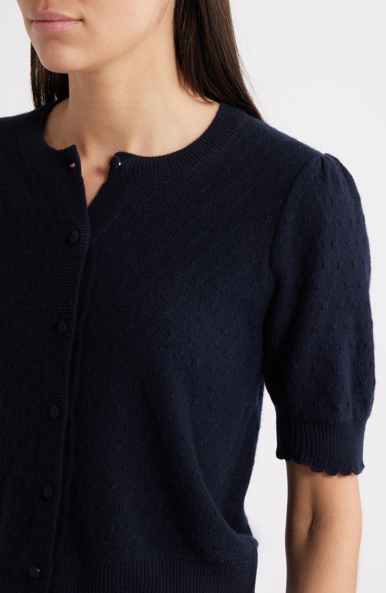 FRAME The Cashmere Pointelle Puff Sleeve Cardigan, Alternate, color, Navy