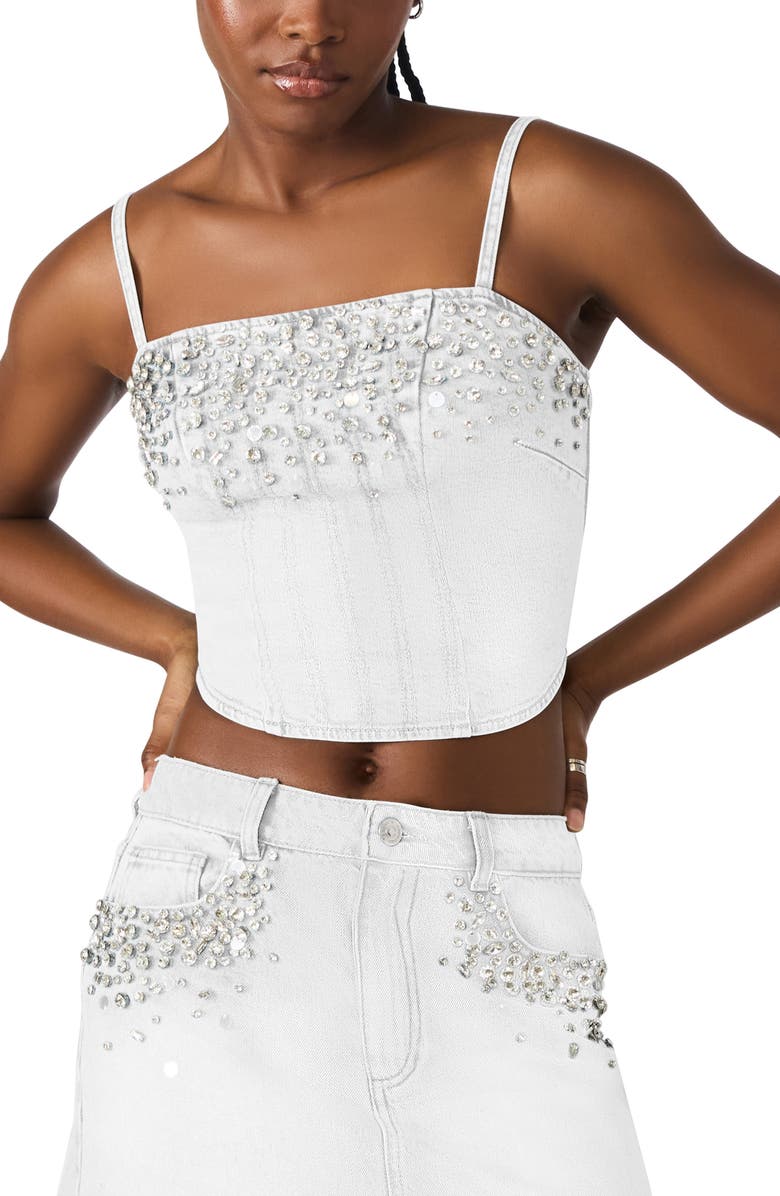 Steve Madden Eras Rhinestone Denim Crop Top, Main, color, White