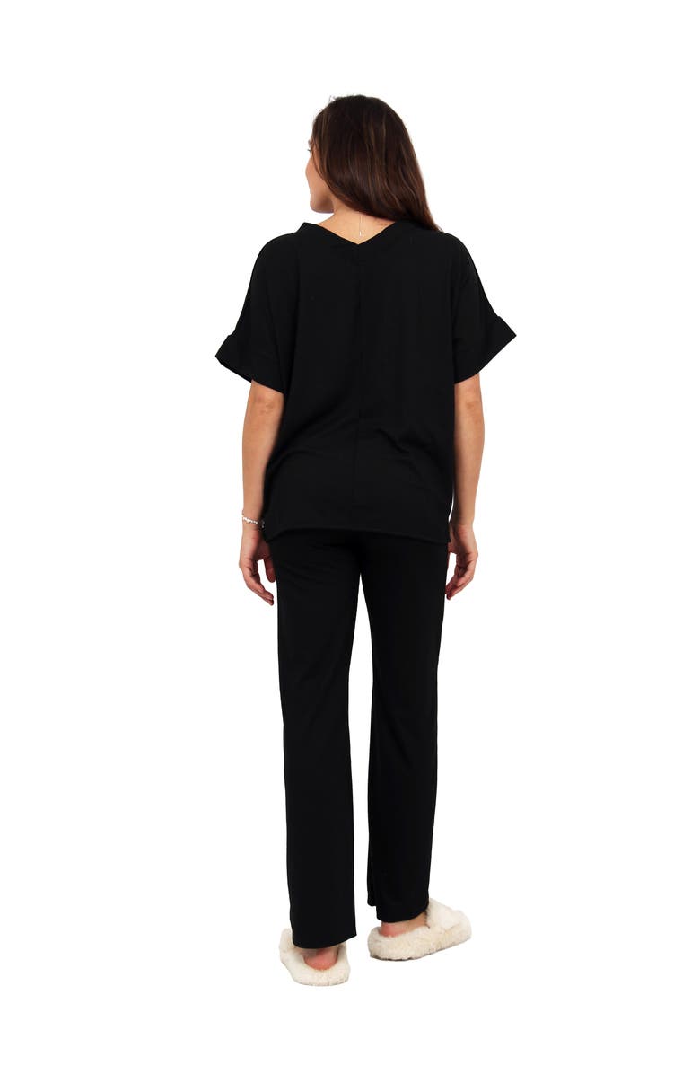 24seven Comfort Apparel Womens Basic Ribbed Knit Dolman Sleeve V-Neck Top and Drawstring Wide Leg Pant Set, Alternate, color, Black
