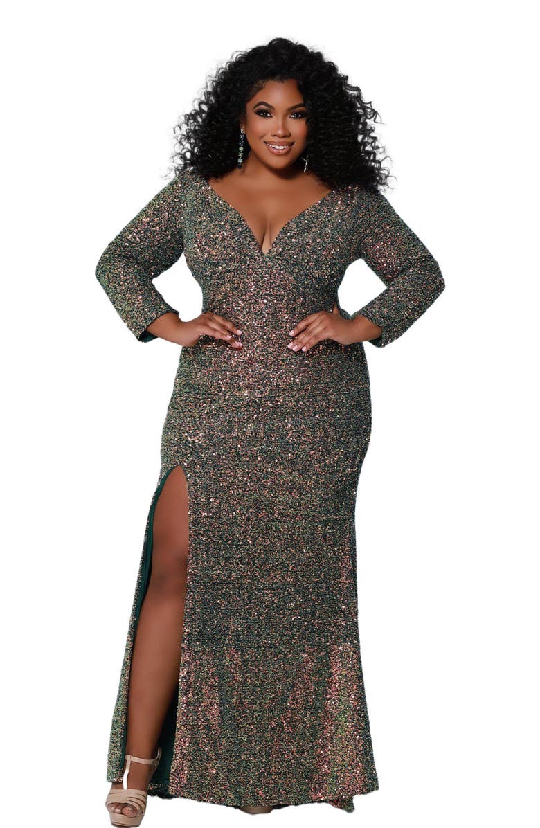 Sydney's Closet Fitted V-Neck Multi-Dimensional Sequin Long Sleeve Plus Size Gown, Alternate, color, Green Surge