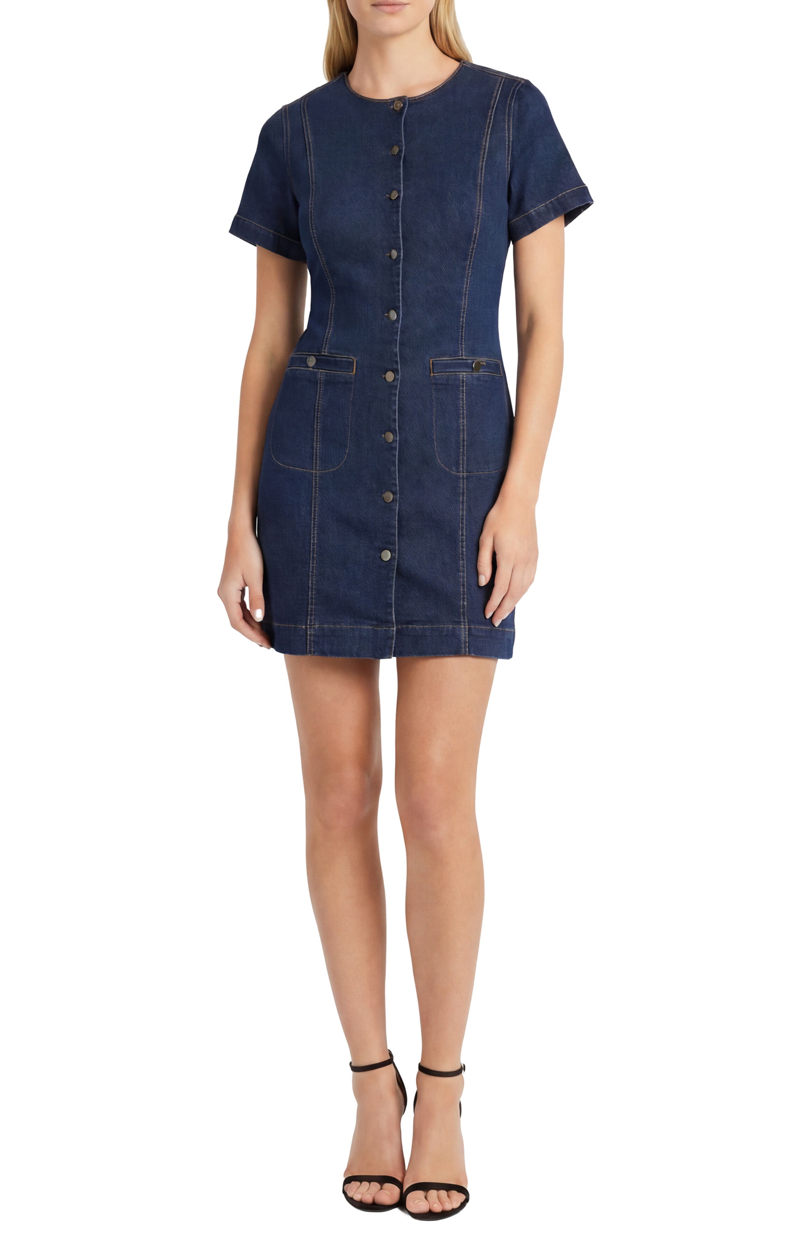 Maggy London Short Sleeve Button Front Denim Sheath Dress