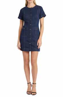 Short Sleeve Button Front Denim Sheath Dress