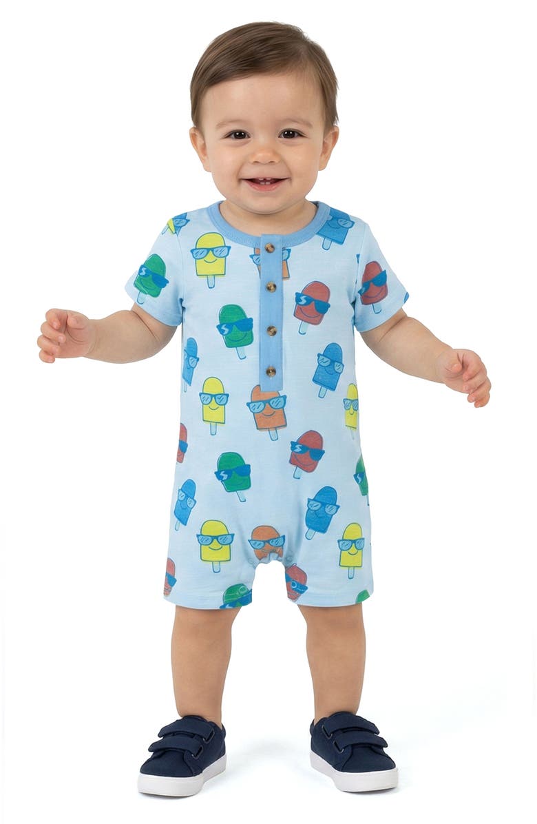 Andy & Evan Print Romper & Bib Set, Alternate, color, Blue Ice Pop
