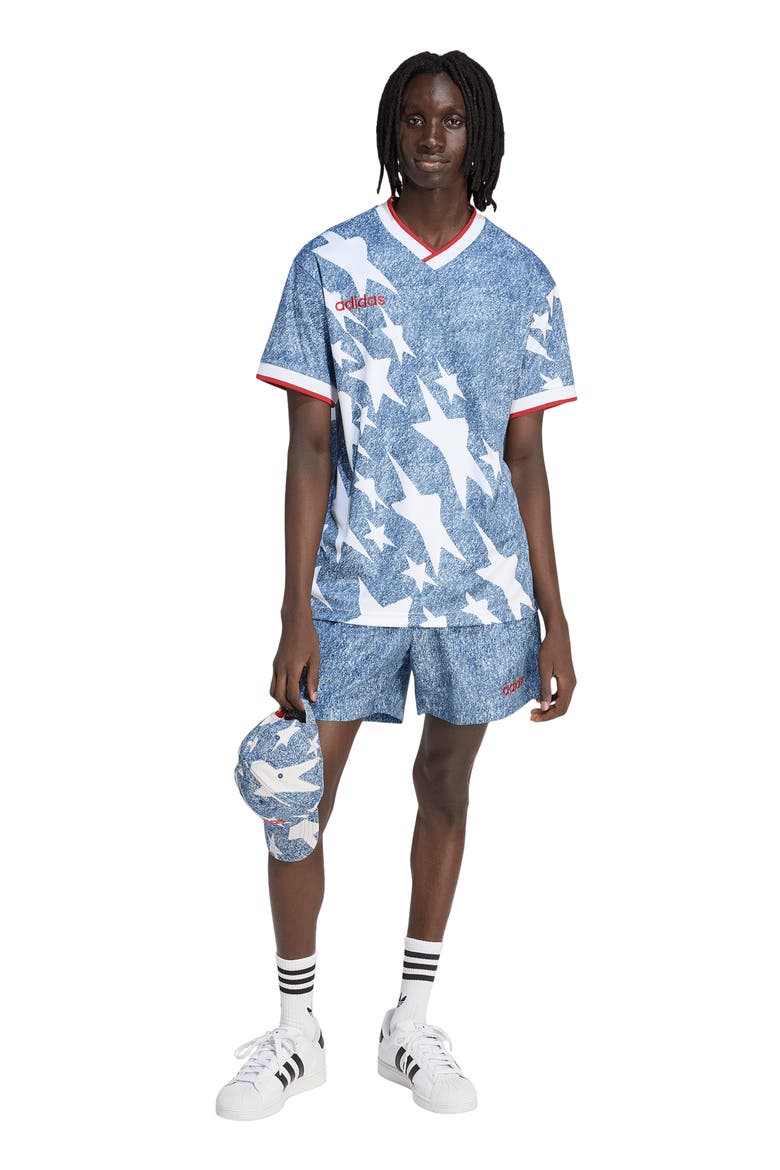 Denim Print Shorts, Alternate, color, WHITE/ DARK BLUE