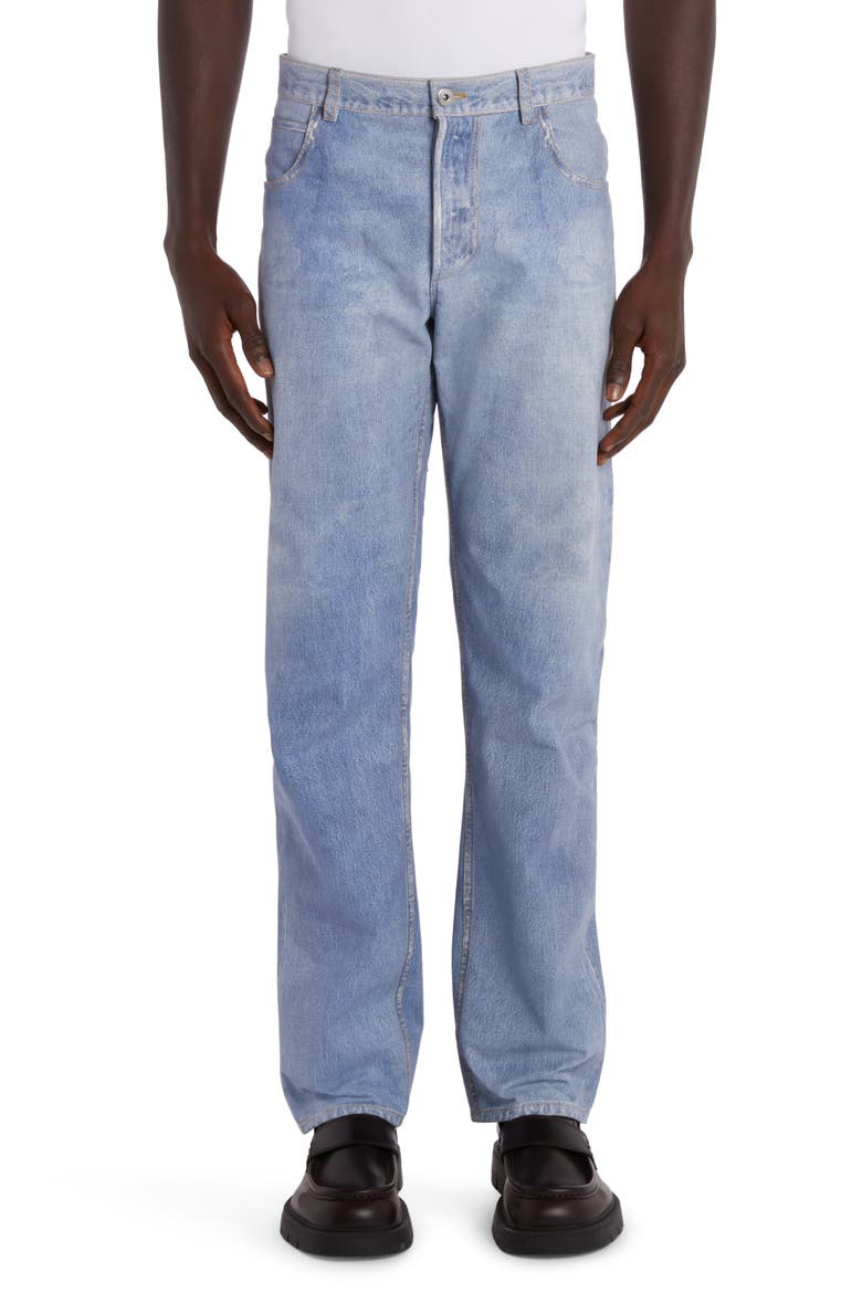 Denim Print Straight Leg Leather Pants, Main, color, 4942 LIGHT BLUE