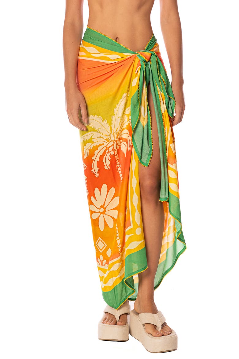 Tropical Landscape Isla Print Cover-Up Pareo, Main, color, ORANGE/ YELLOW/ BRIGHT GREEN