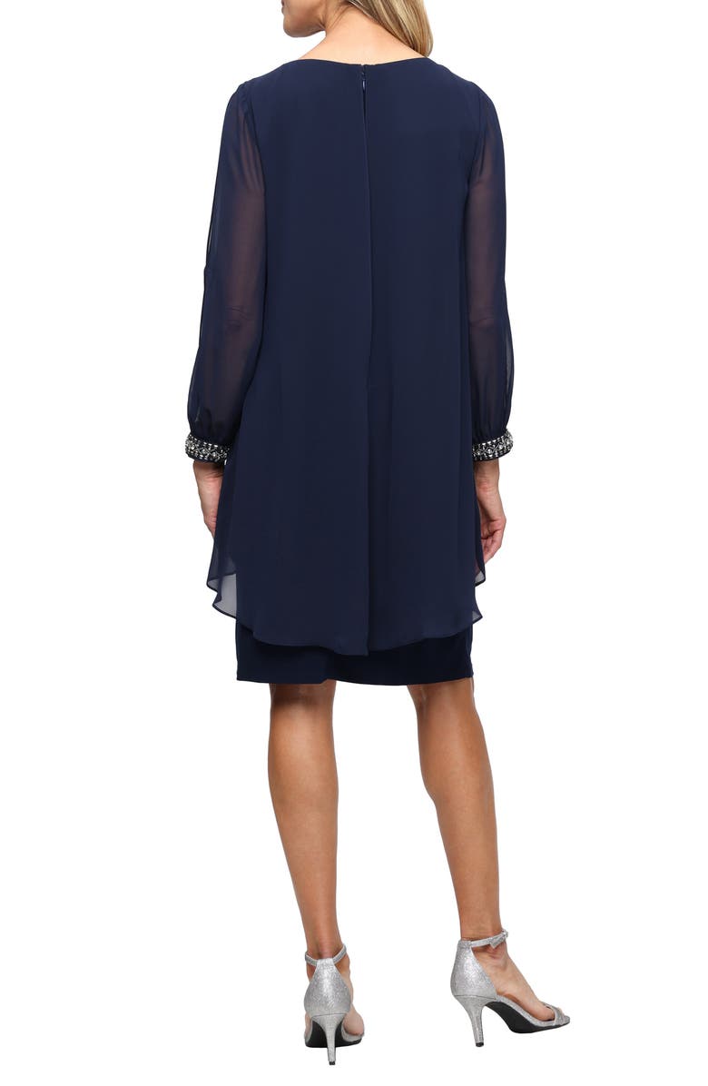 SL FASHIONS Cold Shoulder Long Sleeve Capelet Cocktail Dress, Alternate, color, Navy