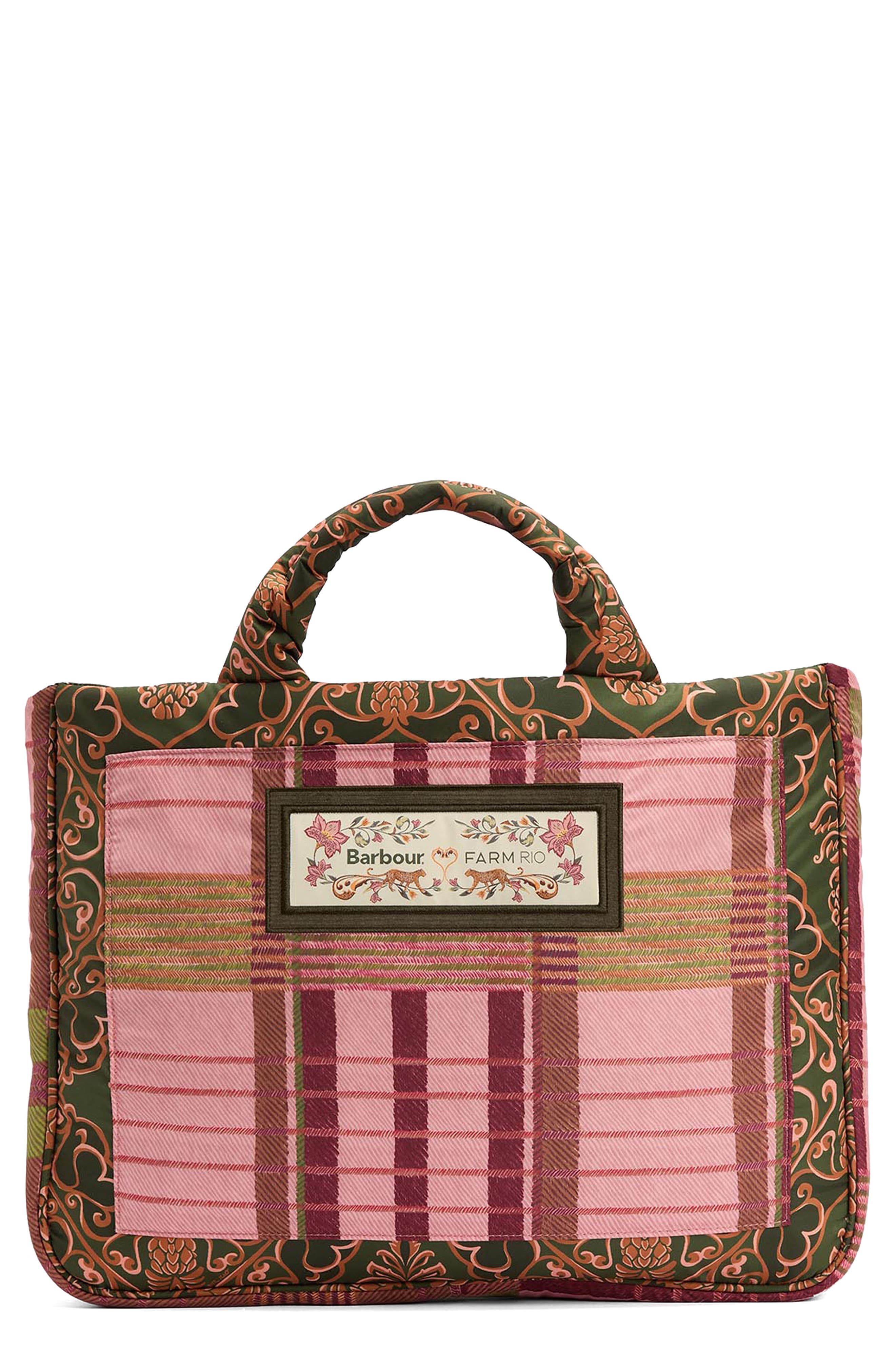 Barbour x FARM Rio Maria Clara Twill Tote, Main, color, Pink Tartan