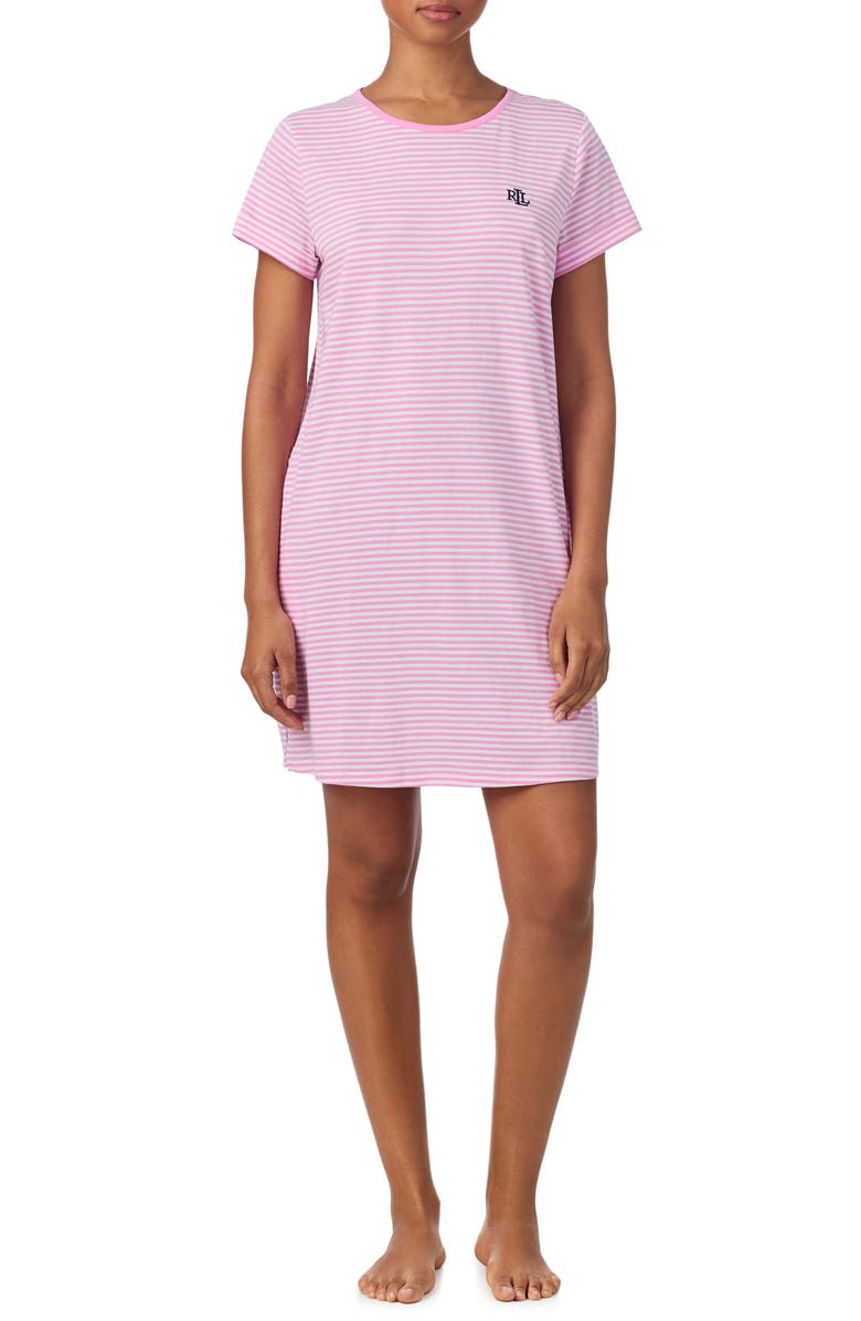 Lauren Ralph Lauren Short Sleeve Nightgown, Main, color, Pink Stripe