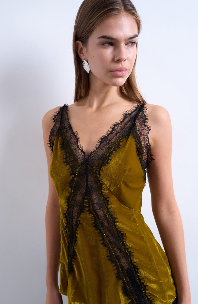 Topshop Velvet & Lace Camisole, Alternate, color, Olive