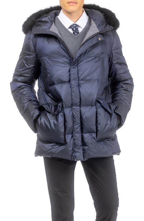 Mens Apres-Ski Jacket with Detachable Genuine Shearling Hood Trim