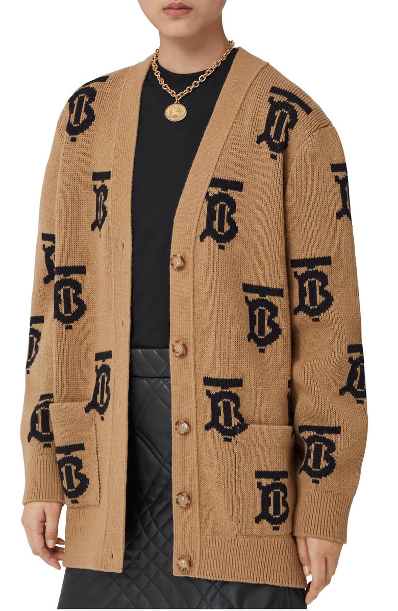 Burberry Nadine TB Monogram Wool Cardigan, Main, color, 