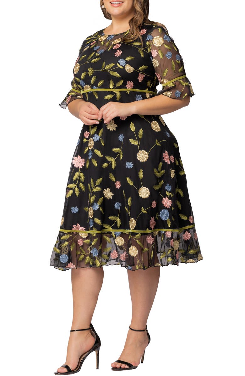 Kiyonna Wildflower Embroidered Dress, Alternate, color, Black Blossom Print