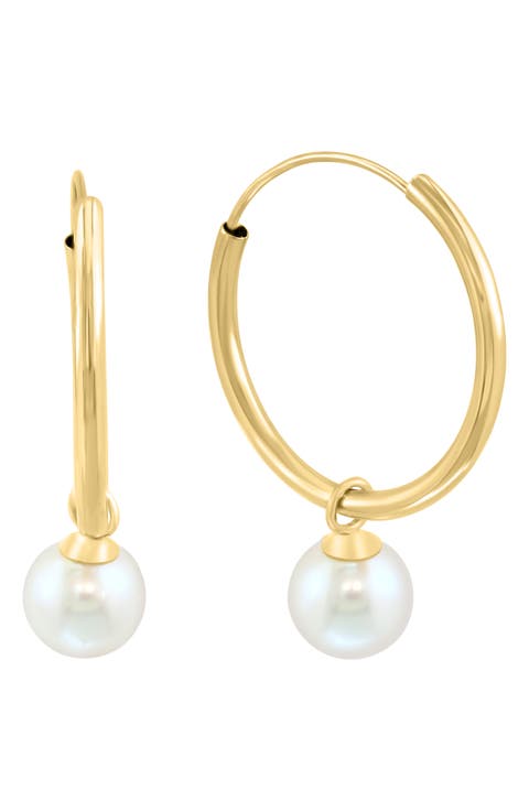 14K Yellow Gold Freshwater Pearl Drop Hoop Earrings