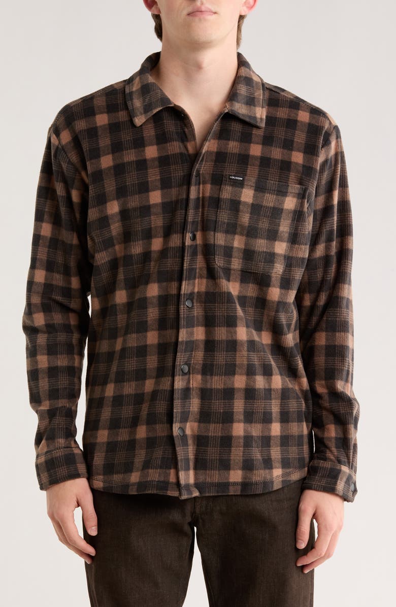 Volcom Hunter Plaid Fleece Shirt Jacket, Main, color, Black