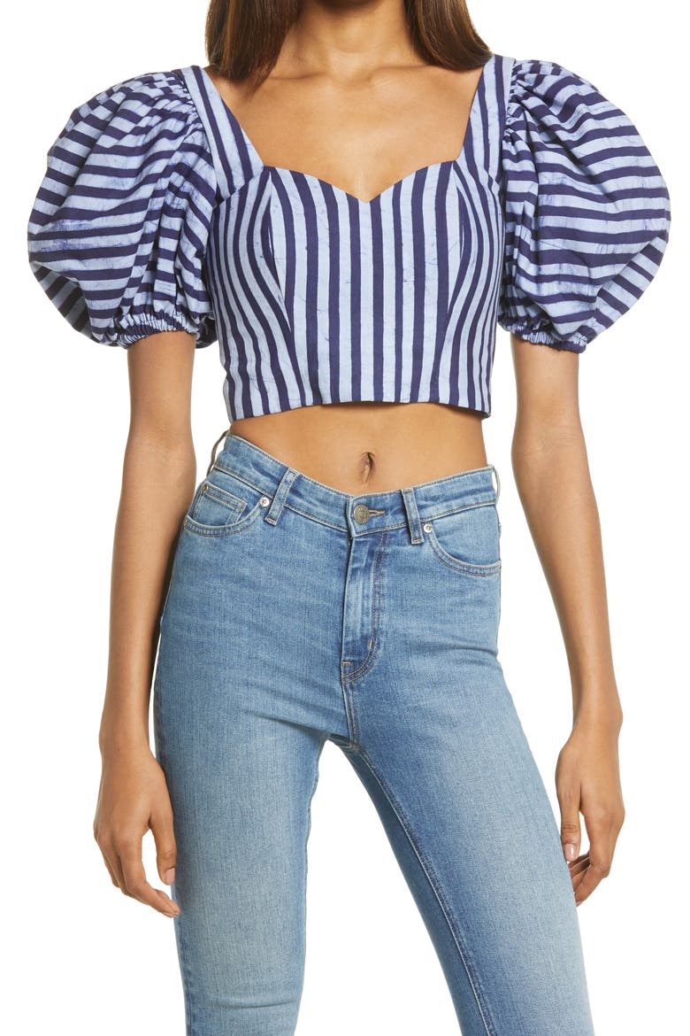 Asha Stripe Puff Sleeve Crop Top, Main, color, NAVY BLUE/ WHITE