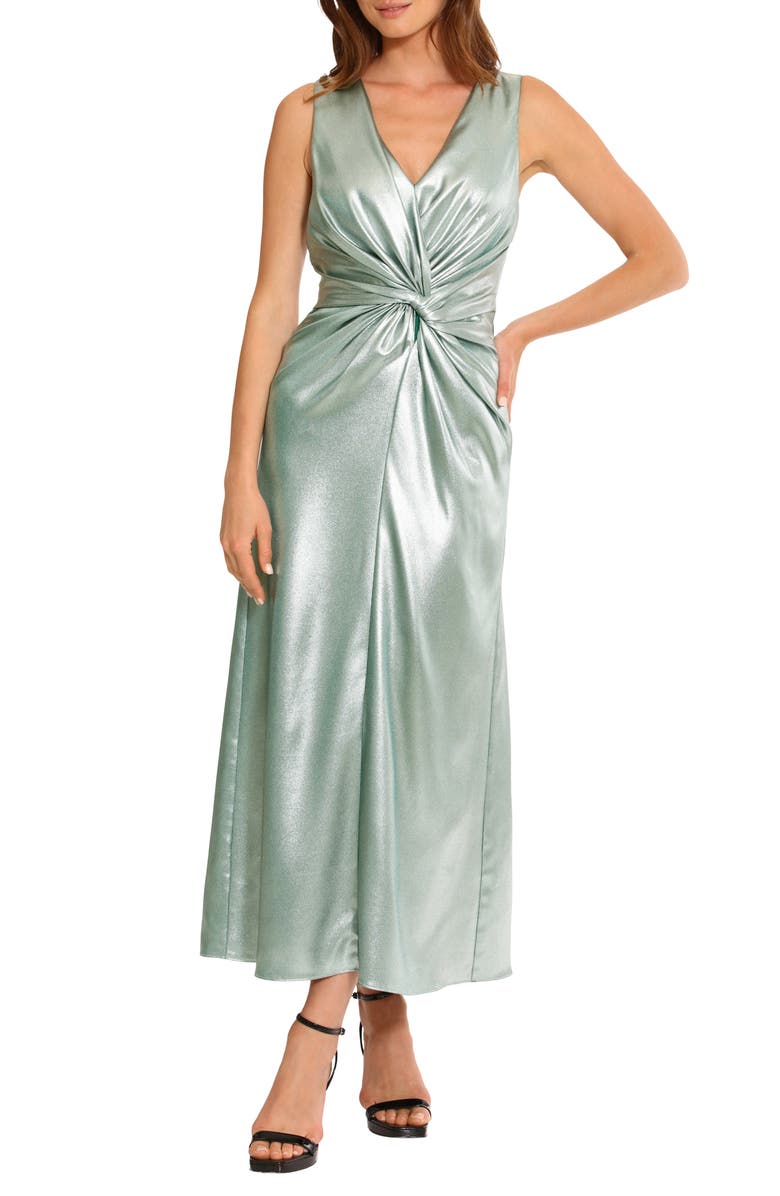 Maggy London Front Twist Satin Maxi Dress, Main, color, Silver/Green