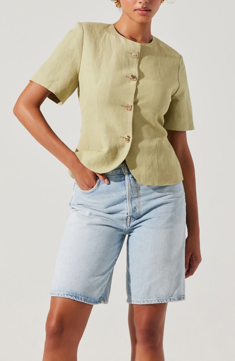 ASTR the Label Saige Mixed Button Short Sleeve Linen Blend Jacket, Alternate, color, Matcha