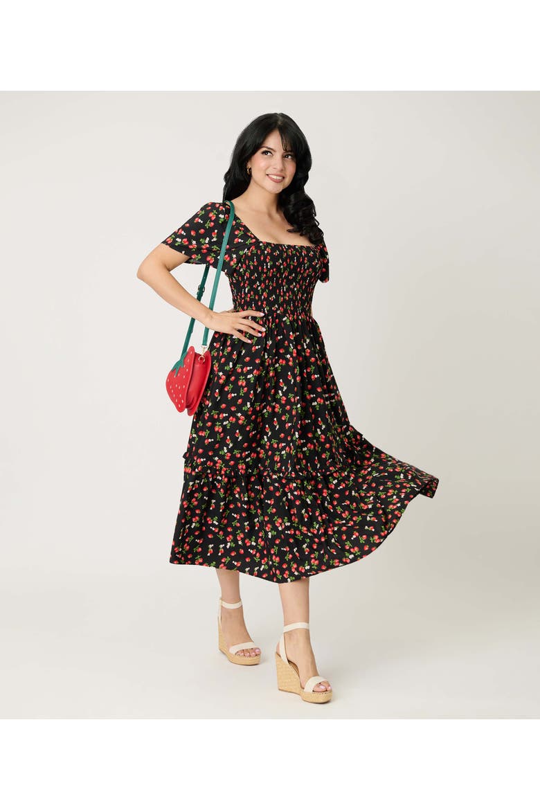 Smocked Bodice Midi Dress, Alternate, color, Black W/Strawberry Print