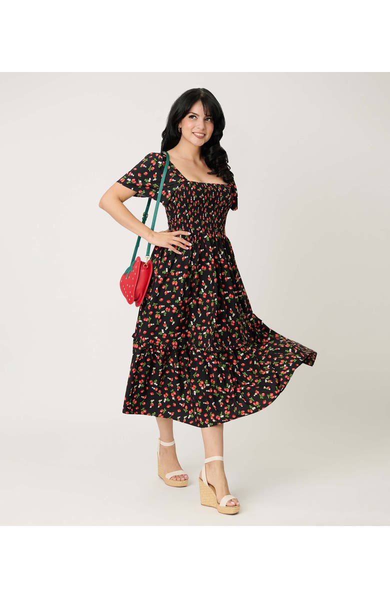Unique Vintage Smocked Bodice Midi Dress, Alternate, color, Black W/Strawberry Print